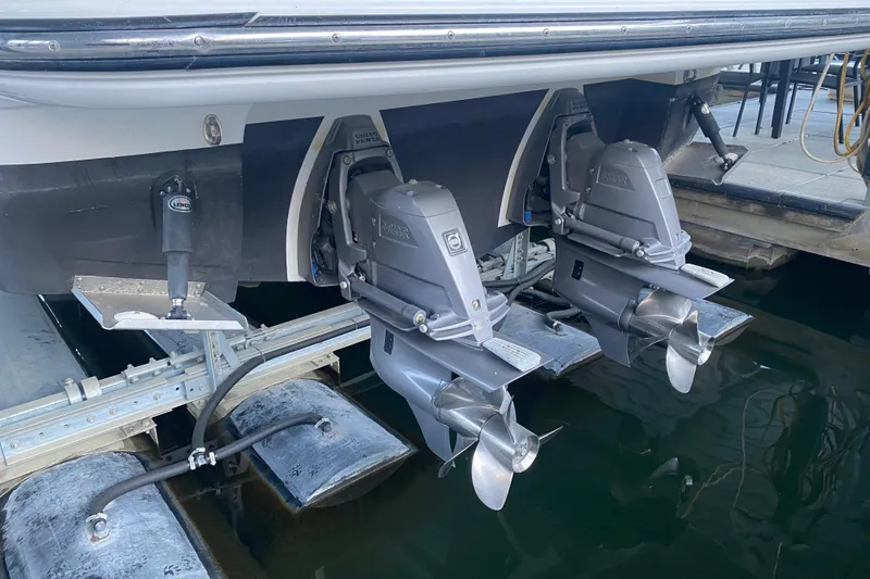 Slide: The Image of 2017 Monterey 355 Sport Yacht with dual Volvo Penta outdrives in marina. - 68