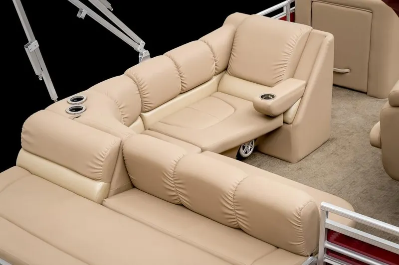 Slide: The Image of Manufacturer Provided Image: 2015 Harris Solstice 240 boat interior with beige leather seating and cup holders. - 3