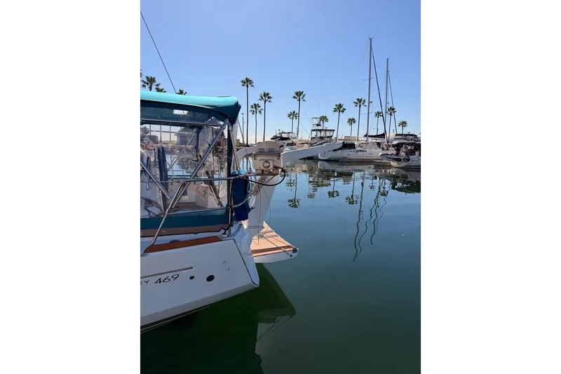 Slide: The Image of 2014 Jeanneau Sun Odyssey 469 yacht docked in a marina with palm trees. - 3