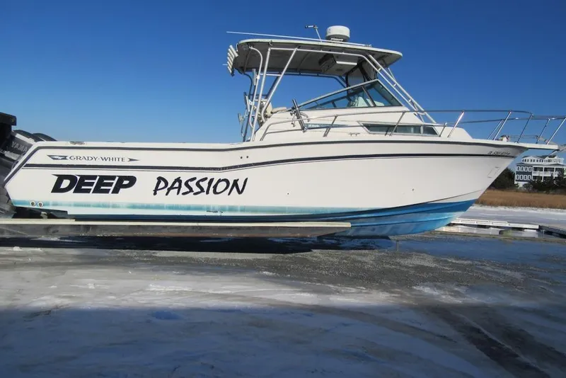 The Image of 1990 Grady-White Marlin 280 boat named "Deep Passion" on icy dock. - 1