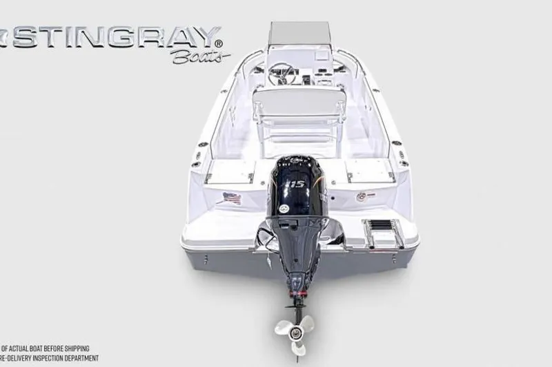 Slide: The Image of 2026 Stingray 173 CC boat, rear view with outboard motor, sleek white design. - 5