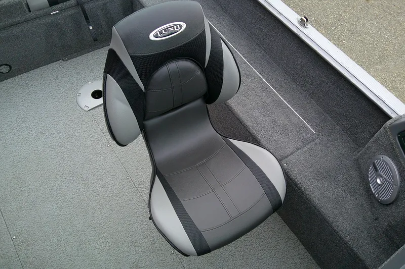 Slide: The Image of 2016 Lund 1775 Impact Sport boat seat, black and gray design, top view. - 12