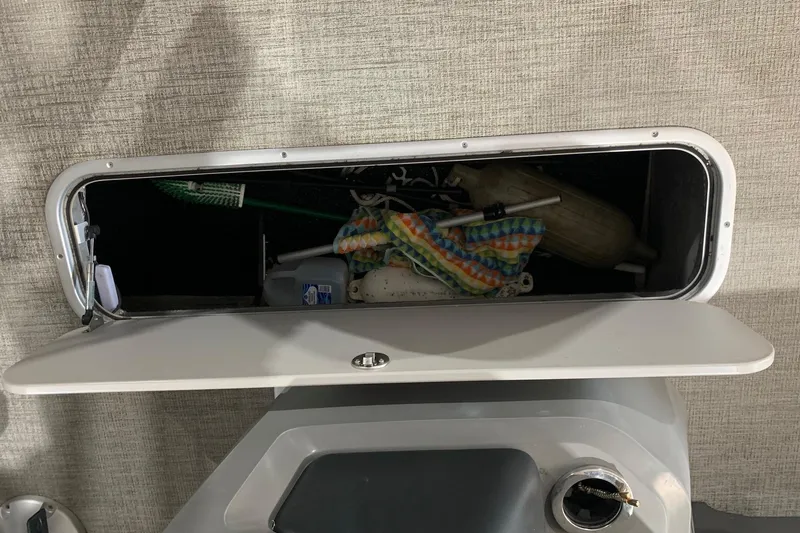 Slide: The Image of Open storage compartment in 2022 Avalon LSZ 2485 VRB boat, containing cleaning supplies and accessories. - 19