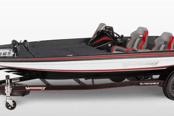 The Image of 2026 Phoenix 20 XE boat with sleek design and red-accented seats on a matching trailer. - 1
