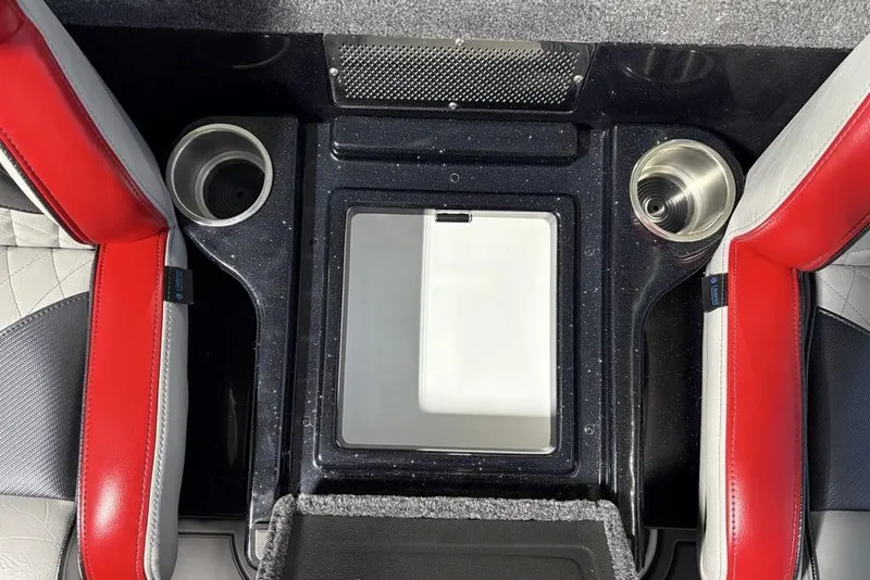 Slide: The Image of Interior of 2026 Phoenix 20 XE with red and gray seating, cup holders, and storage compartment. - 25