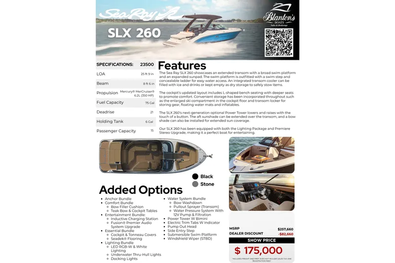 Slide: The Image of ```json { "alt_text": "2026 Sea Ray SLX 260 boat features and pricing details." } ``` - 48