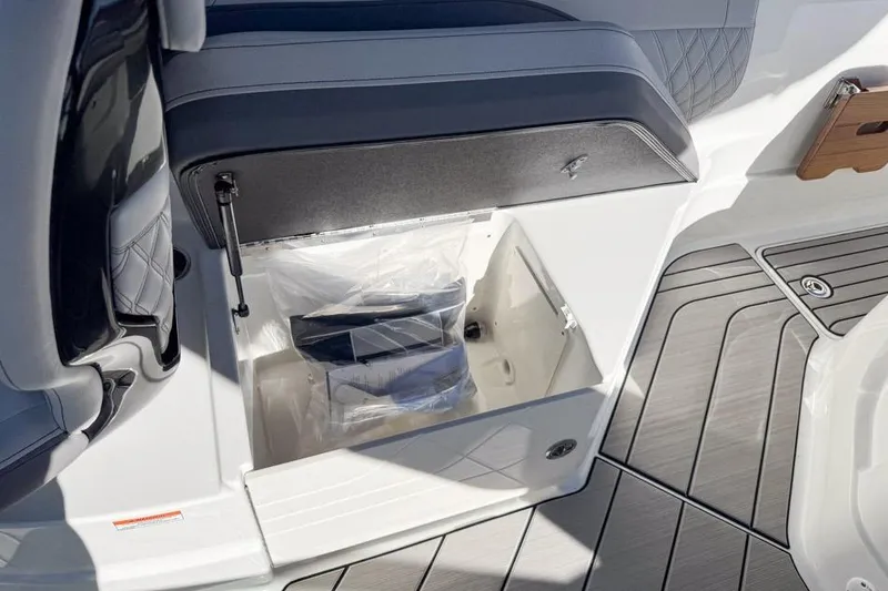 Slide: The Image of Storage compartment on 2026 Sea Ray SLX 260 boat with sleek seating design. - 18