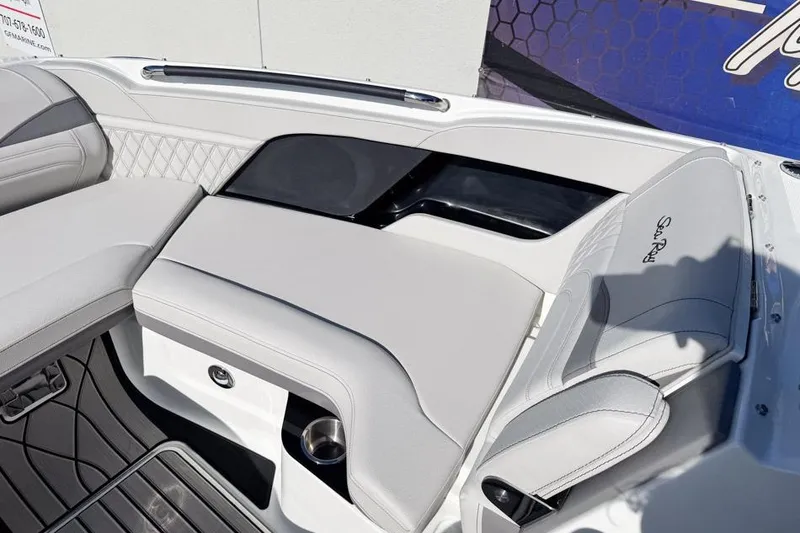 Slide: The Image of 2026 Sea Ray SLX 260 boat interior with luxurious seating and modern design. - 37