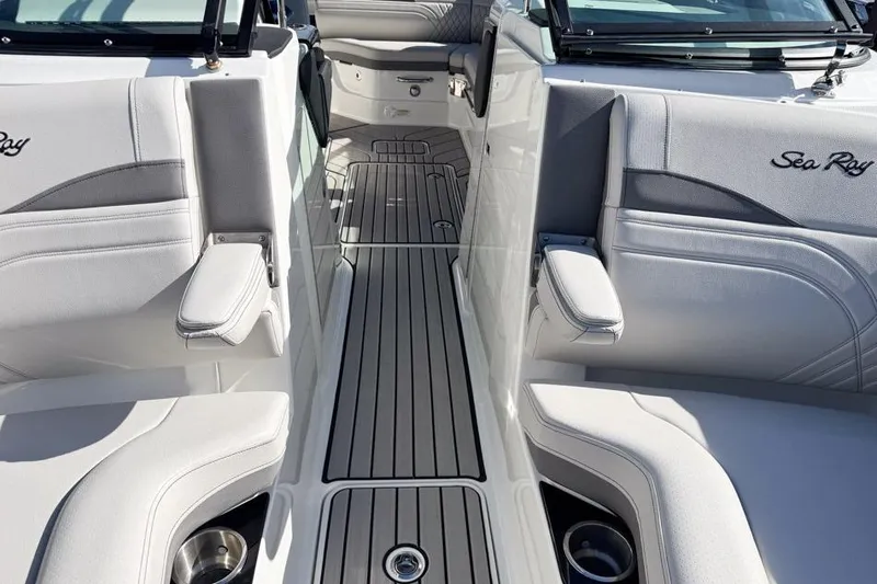 Slide: The Image of Interior view of 2026 Sea Ray SLX 260 boat, featuring sleek seating and modern design. - 39