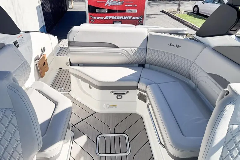 Slide: The Image of Luxurious interior of 2026 Sea Ray SLX 260 boat with elegant seating and modern design. - 20