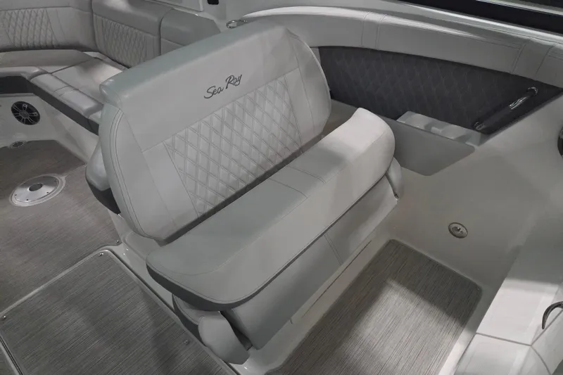 Slide: The Image of 2023 Sea Ray SLX 350 boat interior with luxurious seating and modern design. - 39