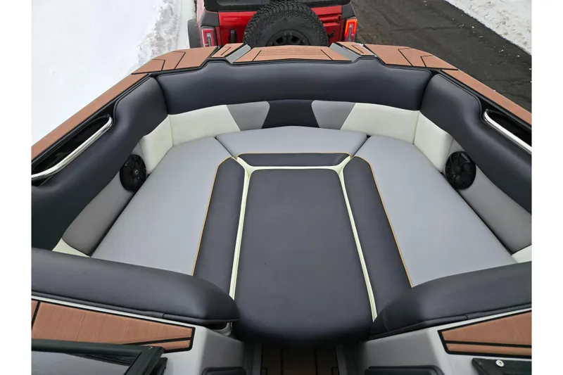 Slide: The Image of 2021 Moomba Max boat interior with stylish seating and modern design. - 19