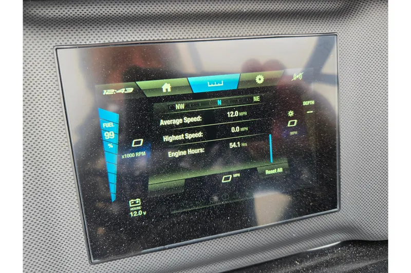 Slide: The Image of Dashboard display of 2023 Yamaha Boats AR195 showing speed, fuel, and engine hours. - 24