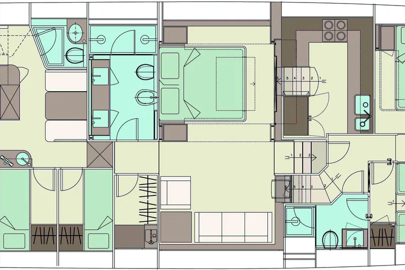 Slide: The Image of Floor plan of 2014 Riva 86' DOMINO yacht, featuring bedrooms, bathrooms, and kitchen layout. - 84