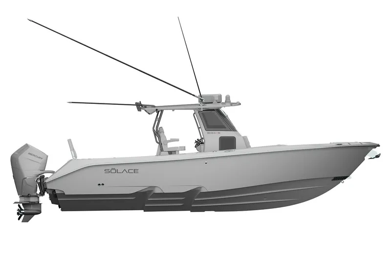 Slide: The Image of Manufacturer Provided Image: 2026 Solace 30 CS boat, side view, featuring sleek design and modern outboard motor. - 10