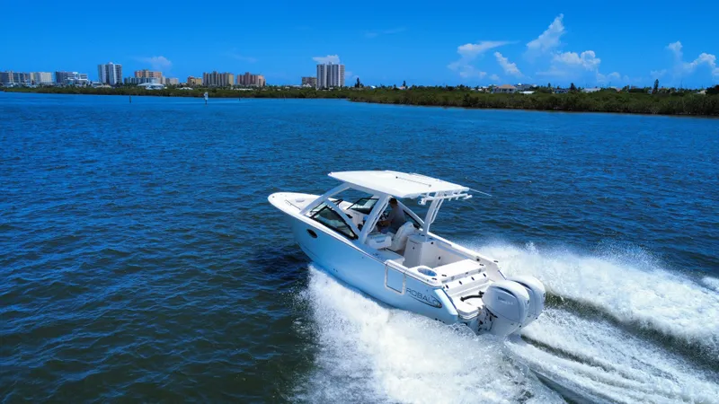 Slide: The Image of 2025 Robalo R257 Dual Console cruising on blue water near city skyline. - 6