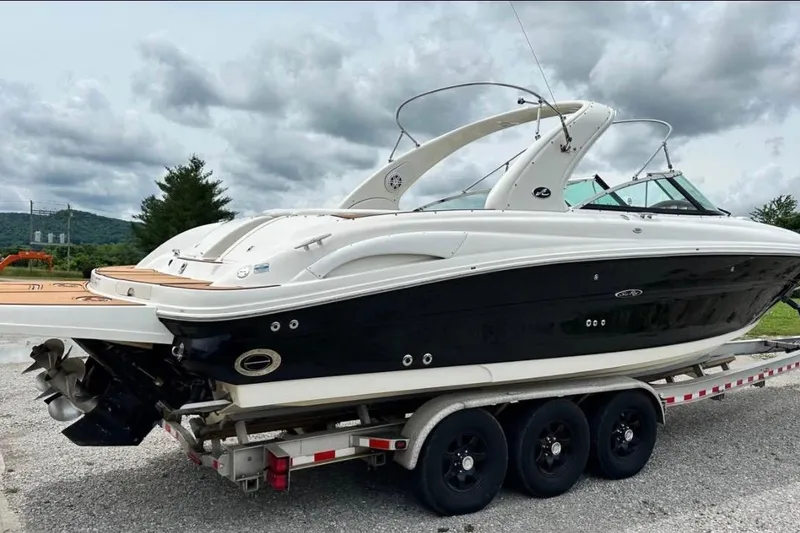 Slide: The Image of 2007 Sea Ray 290 SLX boat on trailer, black and white design, cloudy sky background. - 3