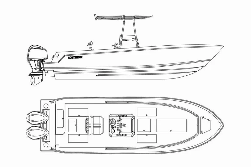 Slide: The Image of Manufacturer Provided Image: Line drawing of a 2019 Contender 28 Tournament boat, side and top views. - 17
