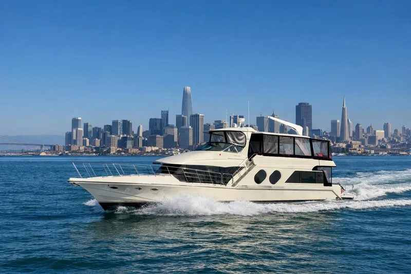 Slide: The Image of Bluewater 5800 yacht cruising near city skyline, 1999 model. - 2