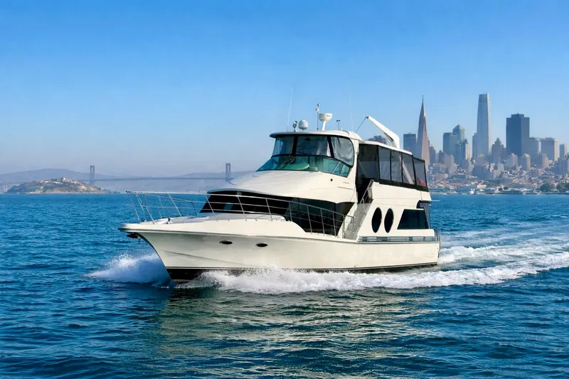 Slide: The Image of 1999 Bluewater 5800 yacht cruising near city skyline and bridge. - 3