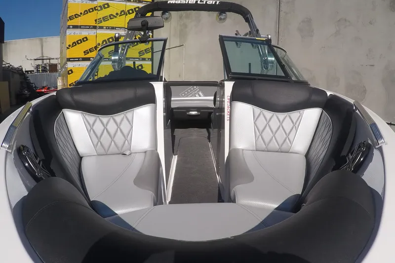 Slide: The Image of 2017 MasterCraft X10 boat interior with stylish seating and modern design. - 2