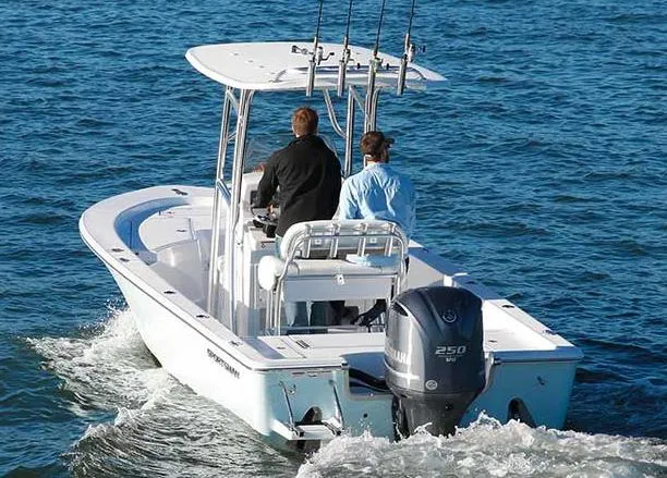 Slide: The Image of 2013 Sportsman Masters 247 Bay Boat with Yamaha engine on trailer. - 3