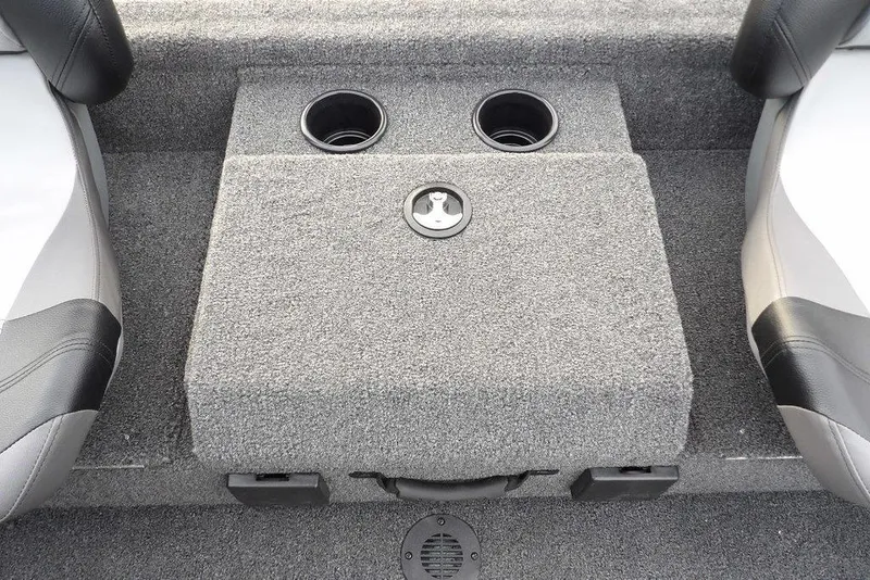 Slide: The Image of 2026 Crestliner XFC 189 boat interior with carpeted step and cup holders. - 24