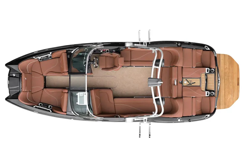 Slide: The Image of Manufacturer Provided Image: 2017 MasterCraft X23 boat interior, top view, brown seating, and sleek design. - 6