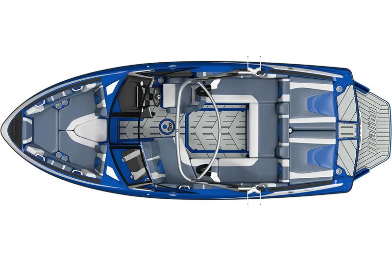 Slide: The Image of Manufacturer Provided Image: Top view of a 2018 Malibu Wakesetter 21 VLX boat, blue and gray interior. - 6