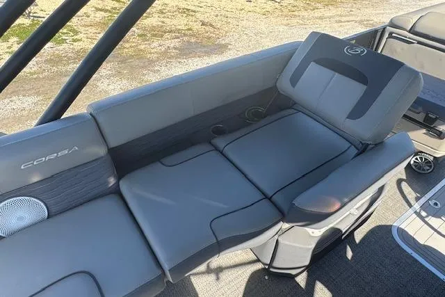Slide: The Image of 2024 Barletta CORSA 25 QSSA boat interior with gray seating and modern design. - 20