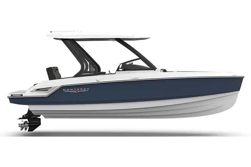 Slide: The Image of Manufacturer Provided Image: 2026 Monterey Elite 25 SD boat, side view, sleek design, blue and white color scheme. - 4