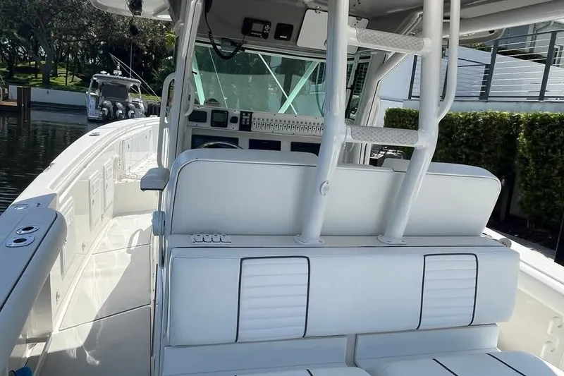 Slide: The Image of 2008 Everglades 350 Center Console boat interior with seating and control panel. - 6