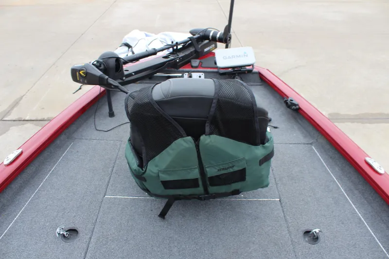 Slide: The Image of 2023 Tracker Pro Team 175 TXW boat deck with life jacket and Garmin equipment. - 10