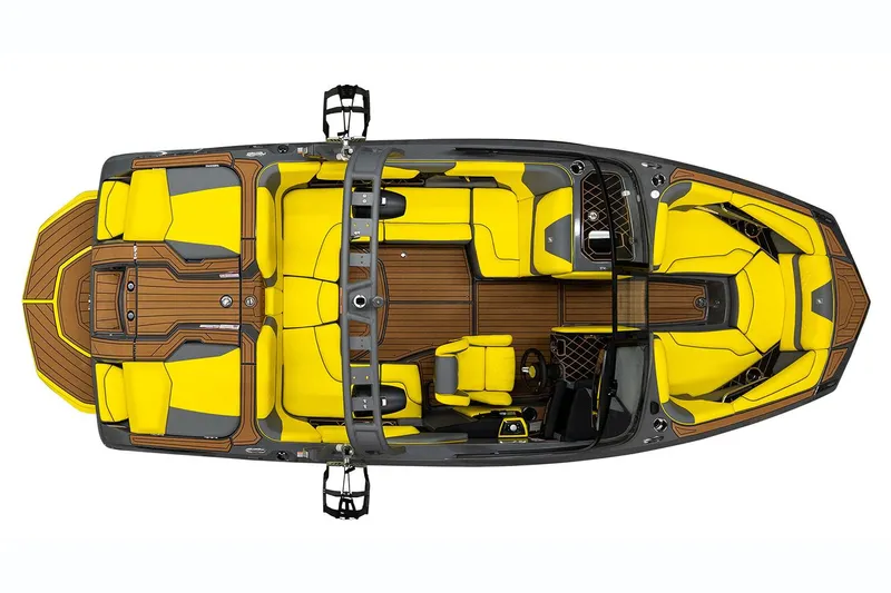 Slide: The Image of Manufacturer Provided Image: 2020 Nautique Super Air Nautique GS20 boat interior, top view, yellow and brown seats. - 6