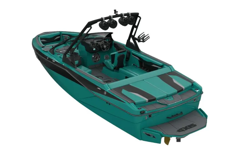 Slide: The Image of Manufacturer Provided Image: 2022 Axis T220 teal wakeboard boat with black accents and tower speakers. - 6