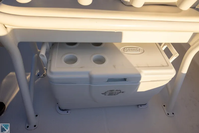 Slide: The Image of Cooler on 2016 Robalo 246 Cayman boat deck, under white seat frame. - 9
