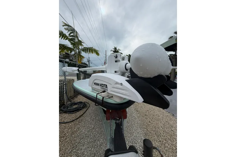 Slide: The Image of 2024 Hell's Bay Professional boat with Minn Kota Terrova motor, parked outdoors. - 9