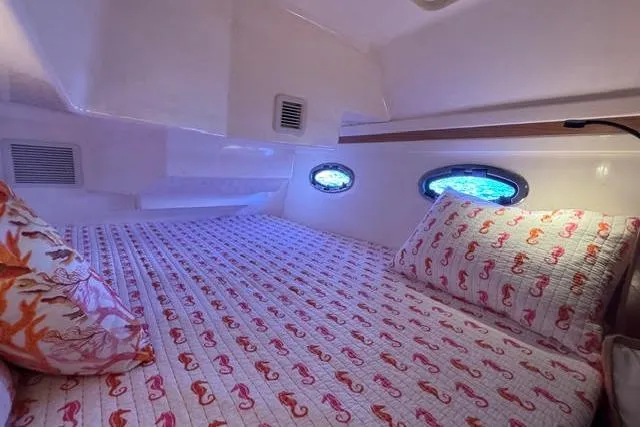 Slide: The Image of Cozy cabin interior of 2007 Africat Marine 420 with seahorse-themed bedding. - 47