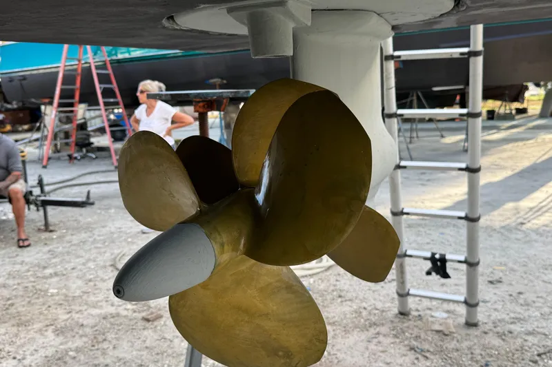 Slide: The Image of Close-up of Africat Marine 420 propeller, 2007 model, in a boatyard setting. - 79