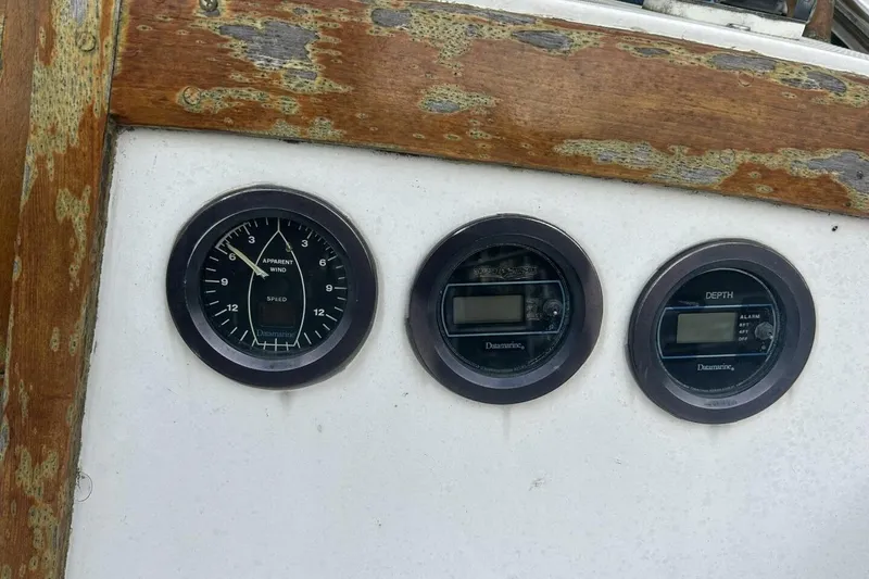 Slide: The Image of Vintage Catalina 36 yacht dashboard with wind and depth gauges, 1985 model. - 12