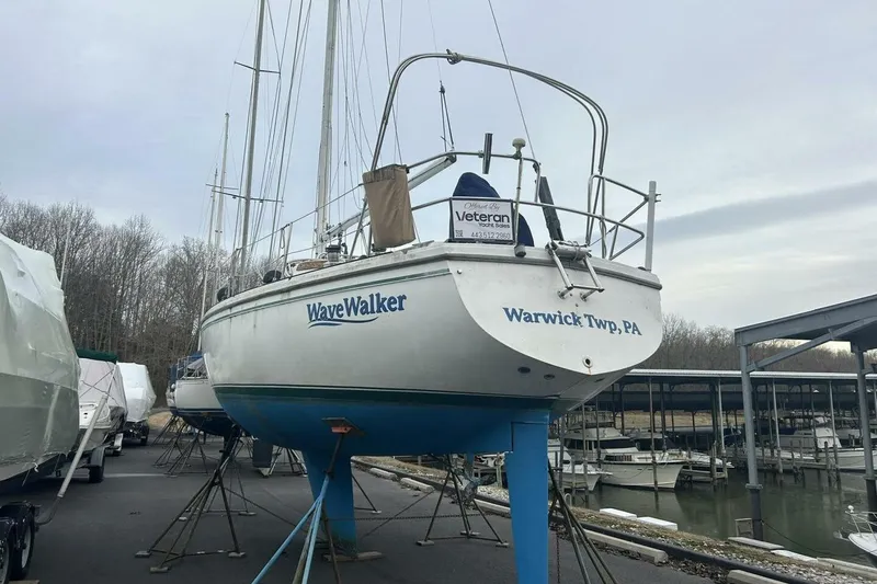 Slide: The Image of 1985 Catalina 36 sailboat "WaveWalker" on stands in Warwick Twp, PA marina. - 2