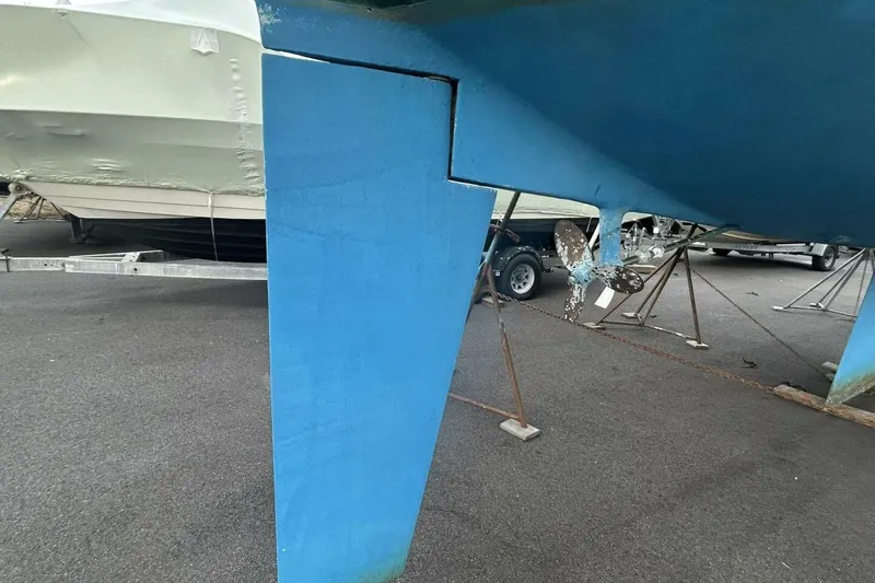 Slide: The Image of 1985 Catalina 36 sailboat keel and propeller on dry dock. - 62