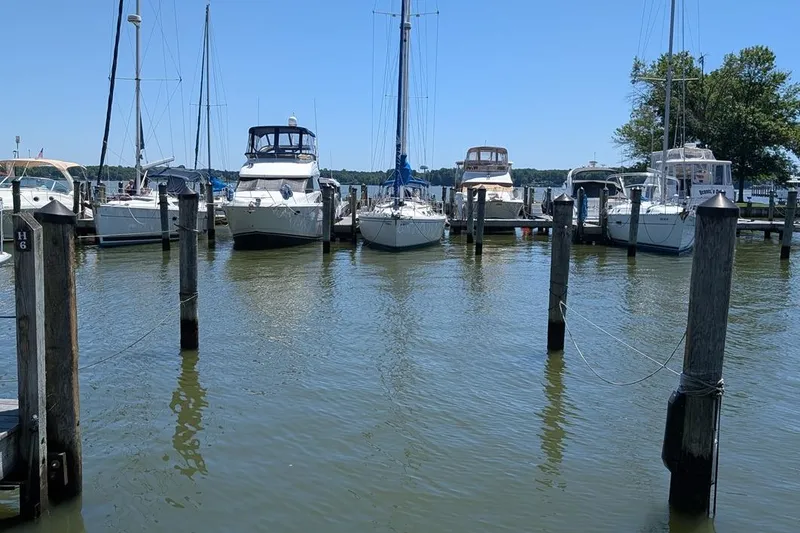 Slide: The Image of Boats docked at a marina, featuring a 1985 Catalina 36 sailboat. - 97