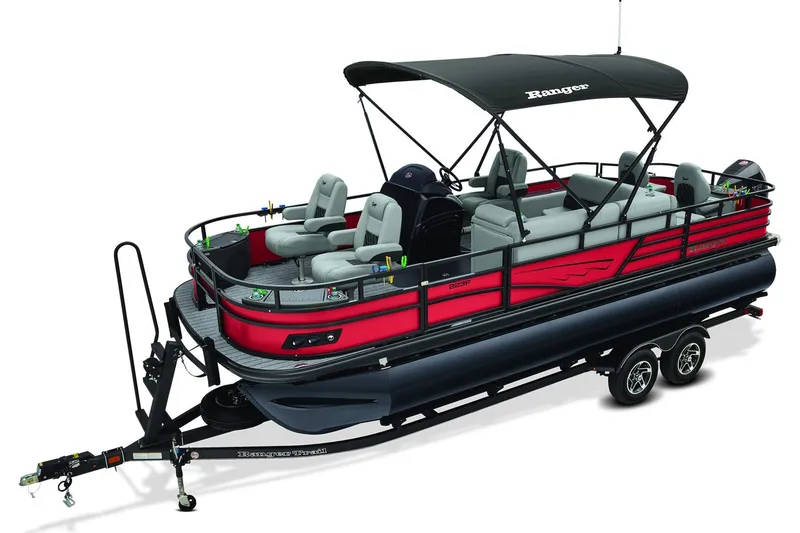 Slide: The Image of 2026 Ranger 223F pontoon boat on trailer, featuring sleek design and comfortable seating. - 2