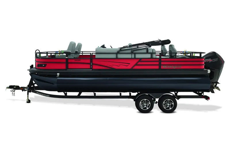 Slide: The Image of 2026 Ranger 223F pontoon boat on trailer, outdoor setting, flags visible. - 3