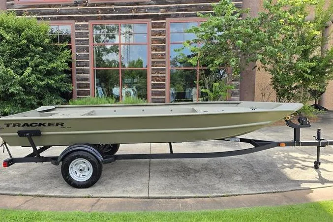 The Image of 2026 Tracker Grizzly 1754 Utility boat on trailer, parked outdoors. - 0
