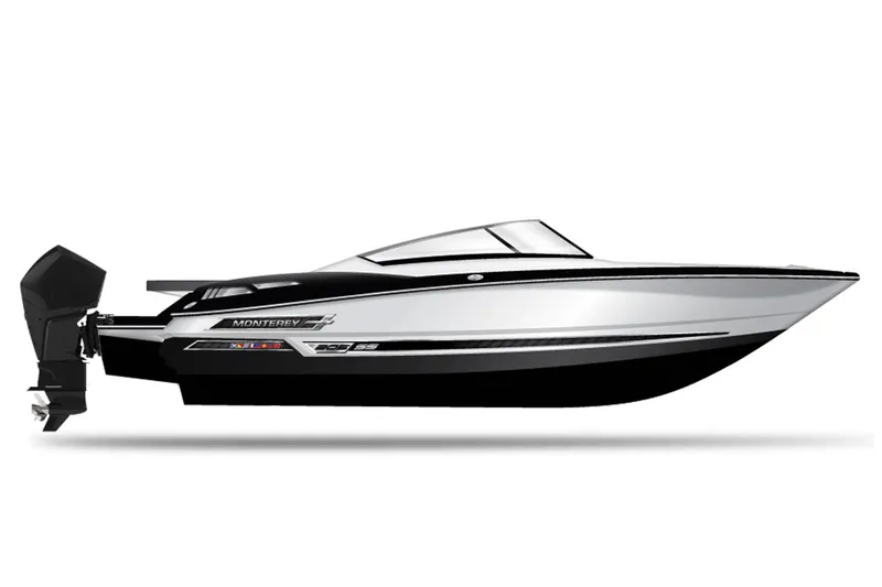 Slide: The Image of 2023 Monterey 305SS Super Sport boat cruising on a calm waterway under a clear blue sky. - 34
