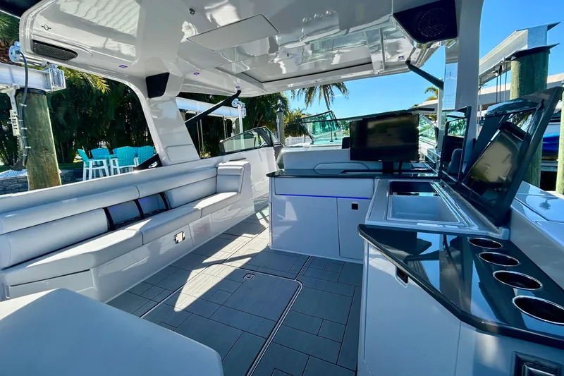 Slide: The Image of Luxurious interior of 2022 Aviara AV40 OB boat with sleek seating and modern amenities. - 16