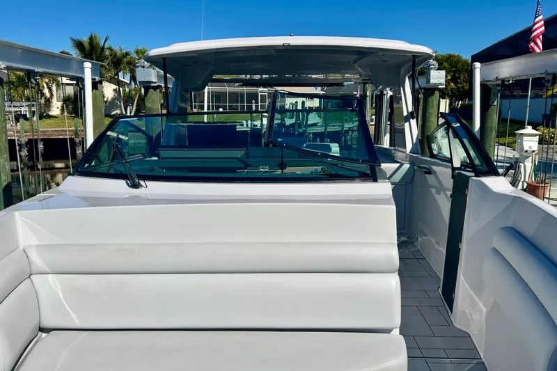Slide: The Image of 2022 Aviara AV40 OB luxury boat interior with sleek seating and modern design. - 43