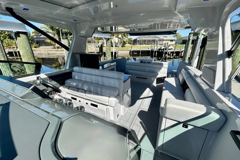 Slide: The Image of Luxurious 2022 Aviara AV40 OB boat interior with sleek seating and modern design. - 44